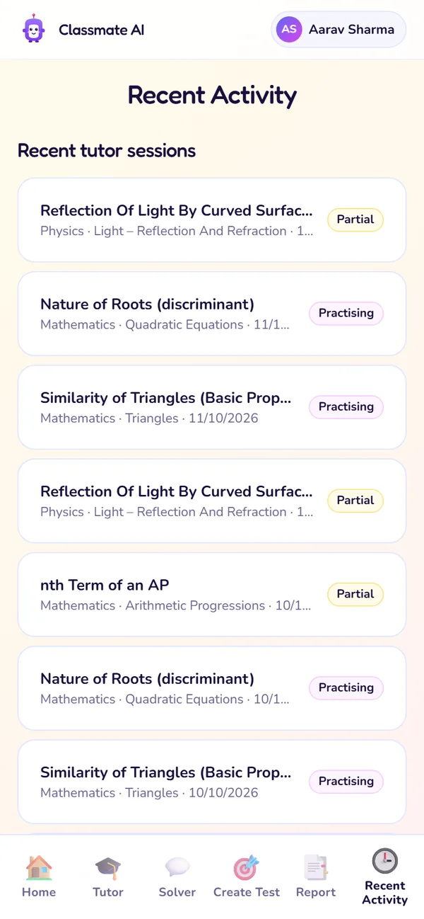 The Recent Activity screen: Tutor sessions