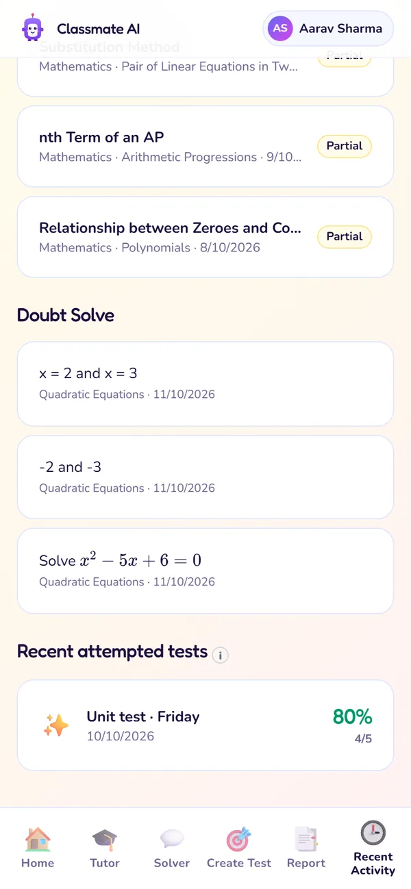 The Recent Activity screen: Doubts and tests