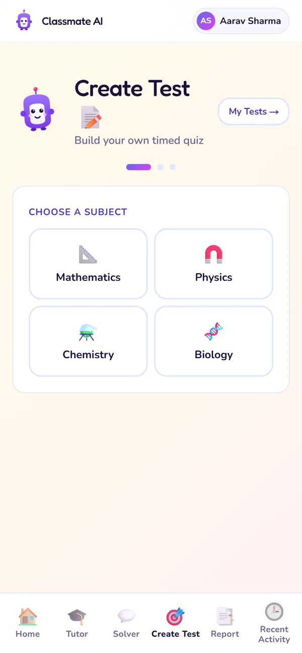 The Create Test screen: Step 1: subject