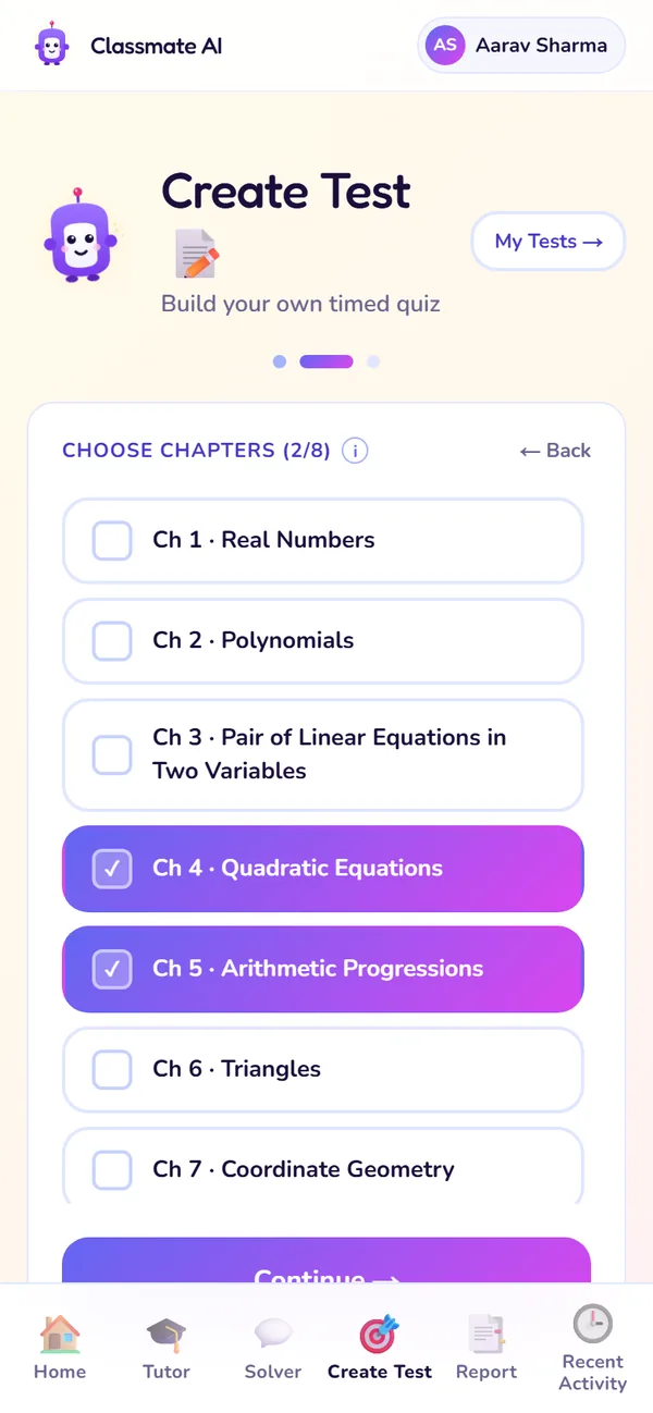 The Create Test screen: Step 2: chapters