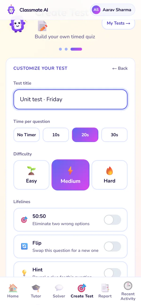 The Create Test screen: Step 3: customise