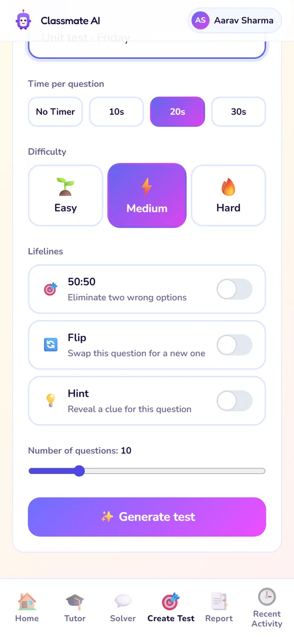 The Create Test screen: Lifelines and Generate