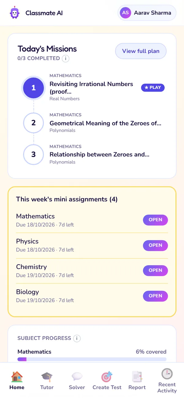 The Home screen: Missions and assignments