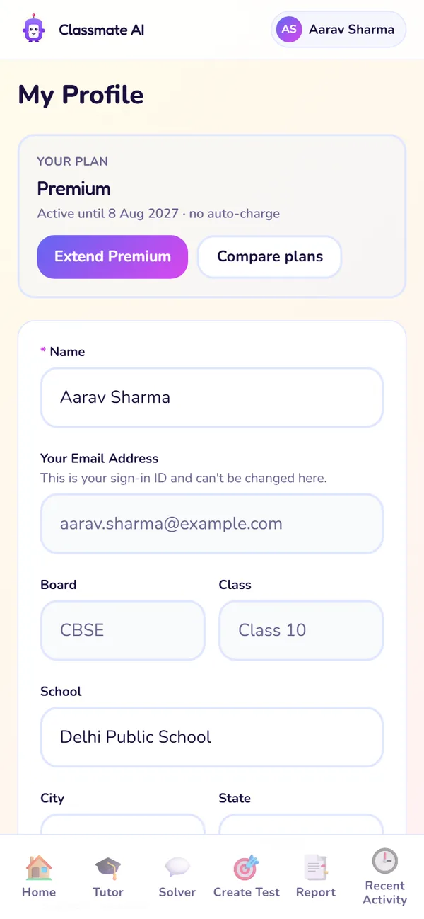 The My Profile screen: Plan and your details