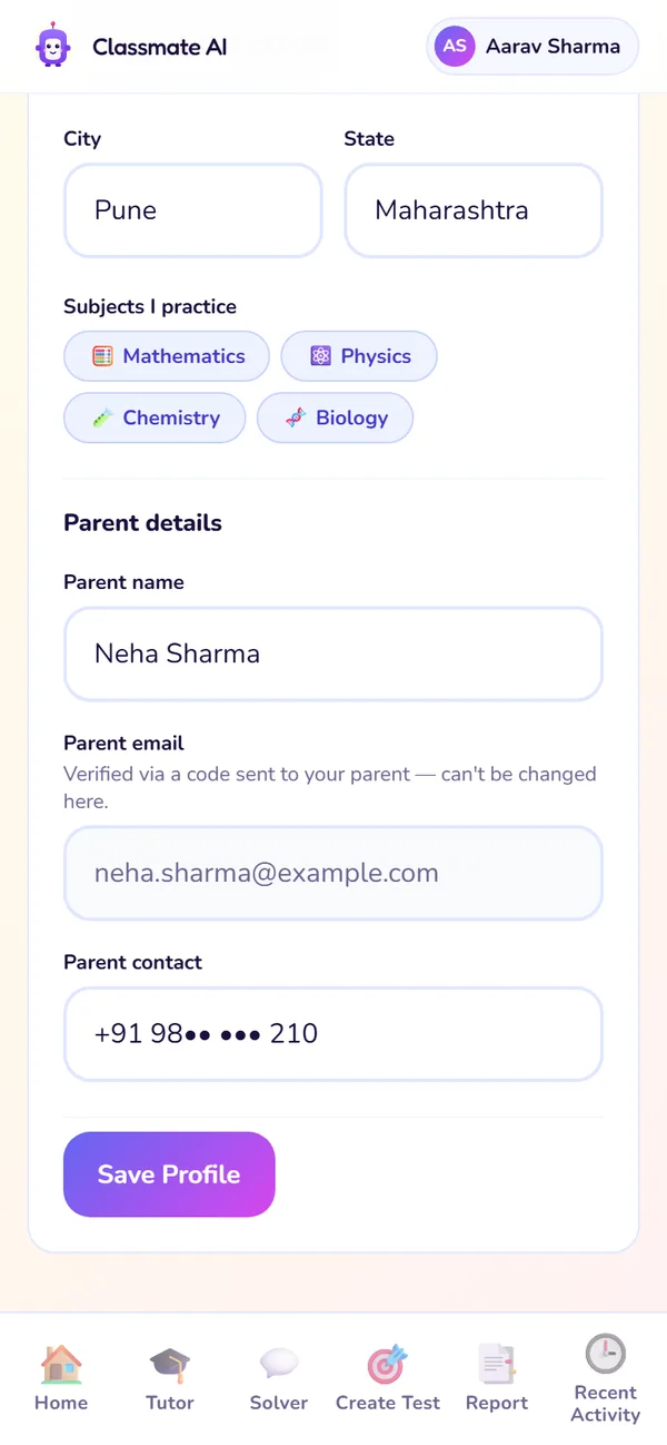 The My Profile screen: Parent details