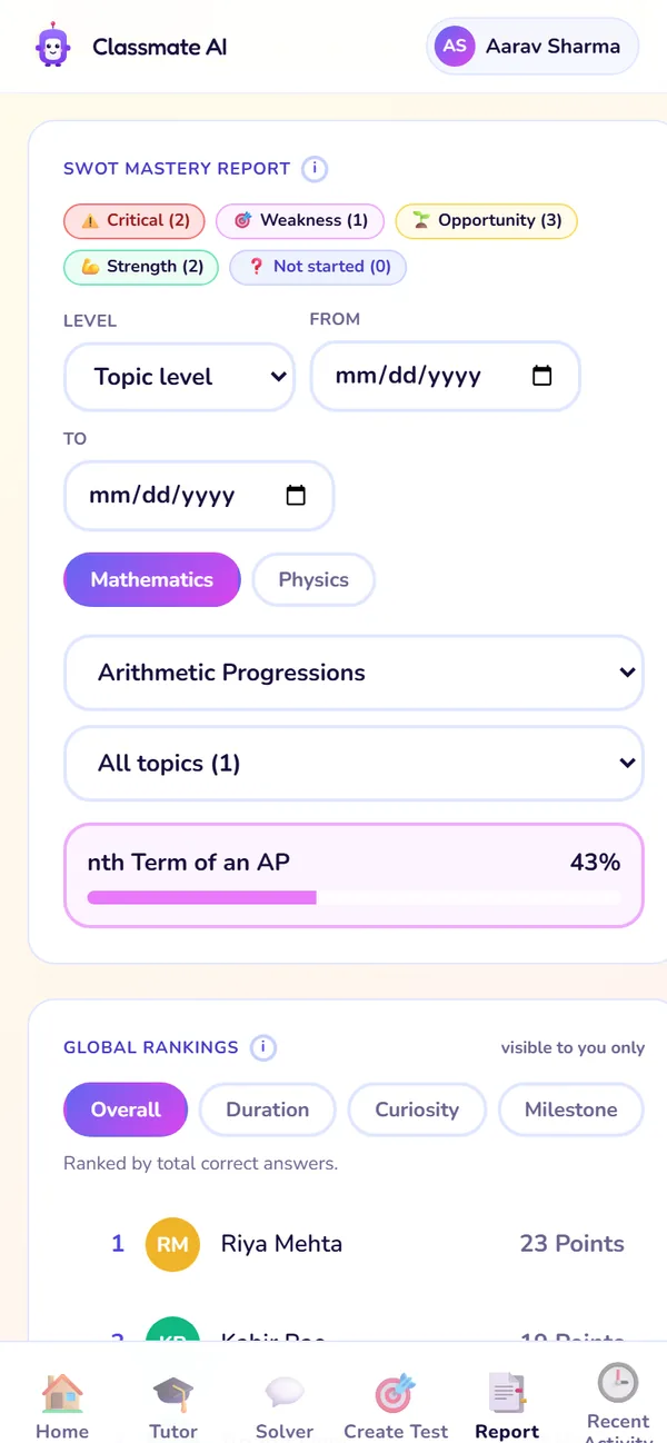 The Report screen: SWOT mastery report