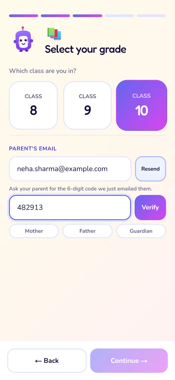 The Set up screen: Add and verify a parent's email