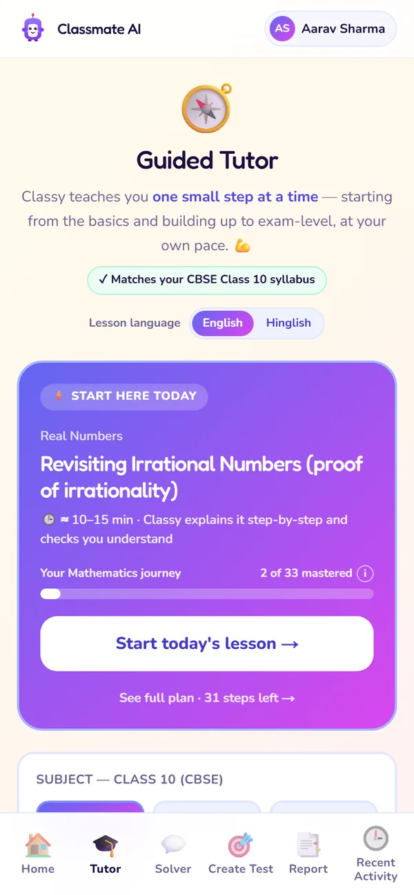 The Tutor screen: Start here today