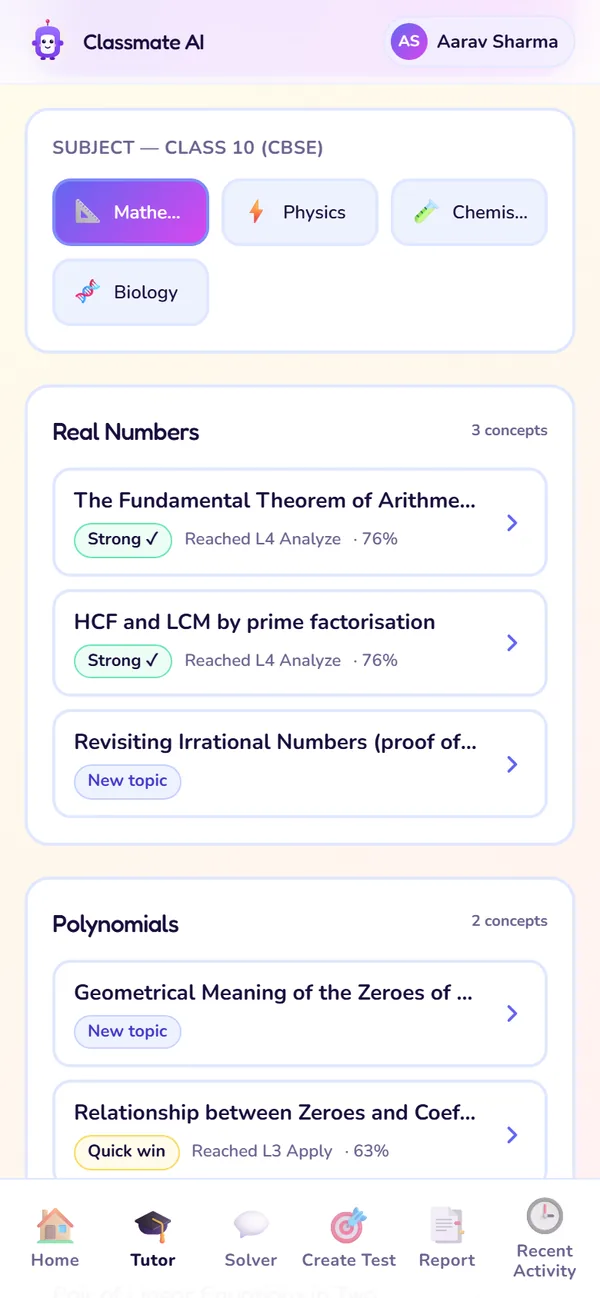 The Tutor screen: Subjects and chapters